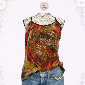 Vintage Y2K Libra Sequin Mesh Camisole • Abstract Flame Print Tank • Canada • XL